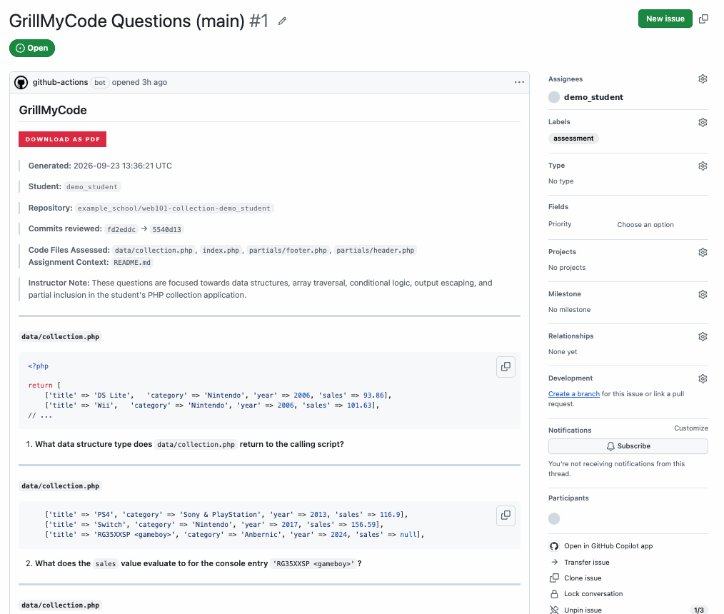 An assessment issue: title "GrillMyCode Questions (main)", assigned to the student and labelled assessment, with the header and the first questions.