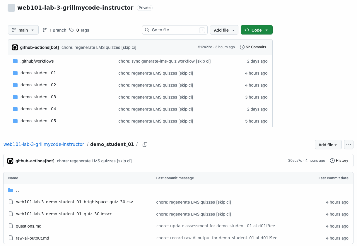 Top: the private instructor repository web101-lab-3-grillmycode-instructor, with a .github/workflows folder and one folder per student. Bottom: one student's folder, containing the Brightspace CSV quiz, the .imscc quiz, questions.md and raw-ai-output.md.