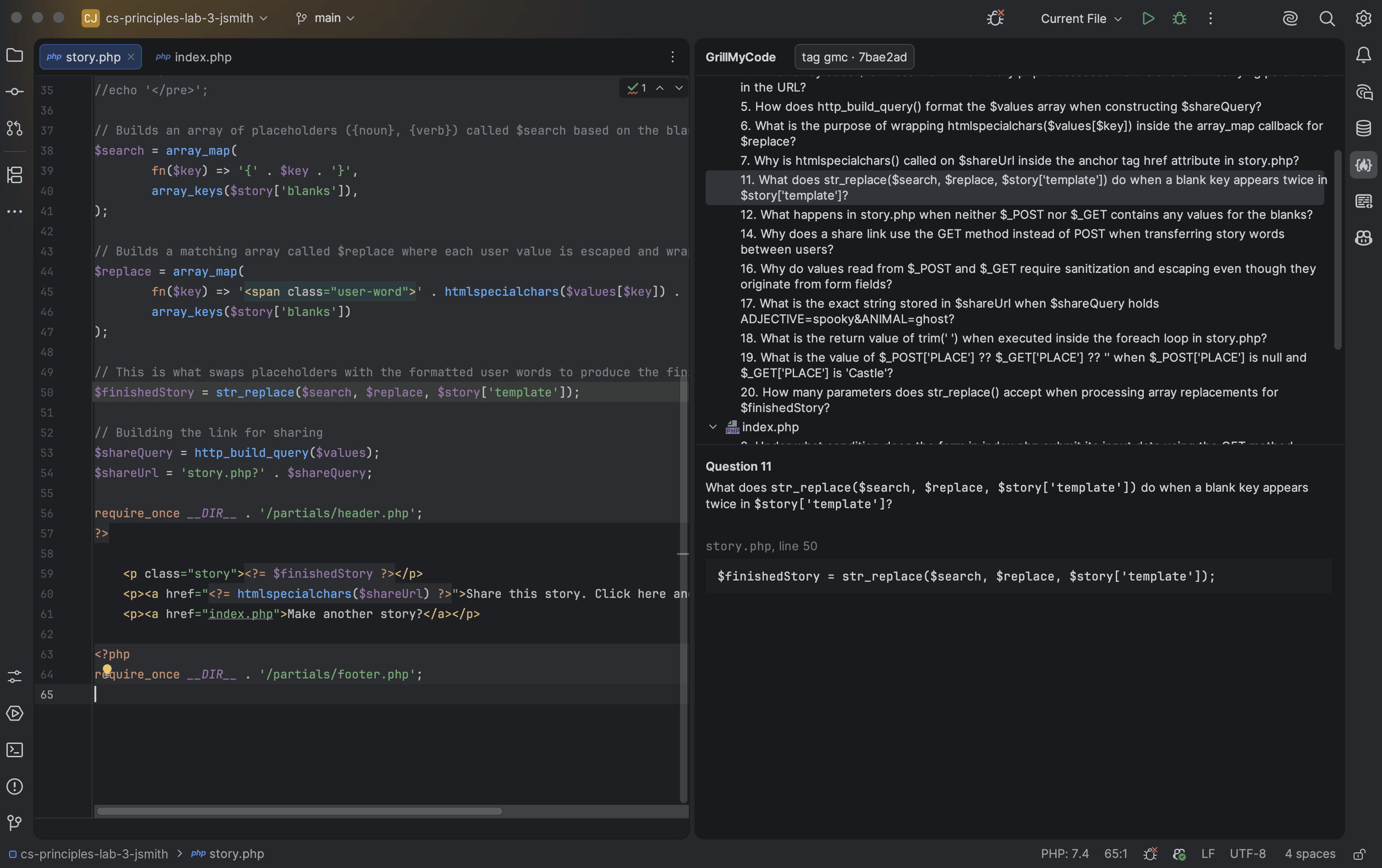 IntelliJ IDEA with the GrillMyCode tool window open on the right. The questions list is grouped by file, with question 11 selected and shown in full below the list, with its code. The editor shows story.php with line 50 highlighted.