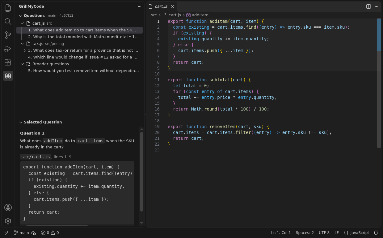 VS Code with the GrillMyCode view open. The questions list is grouped by file, with question 1 selected. The editor shows cart.js with lines 1 to 9 highlighted, and the whole question is shown under the list with its code.